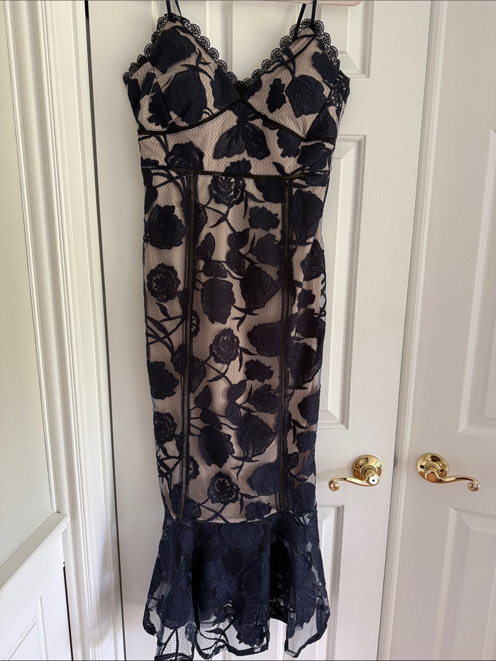 LULUS navy Floral Lace Slip Dress with Nude Lining- size M